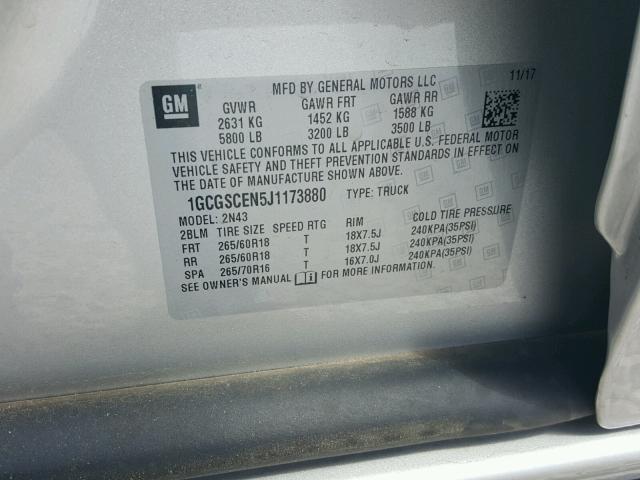 1GCGSCEN5J1173880 - 2018 CHEVROLET COLORADO L SILVER photo 10