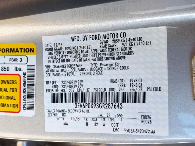 3FA6P0K93GR287643 - 2016 FORD FUSION TIT SILVER photo 10