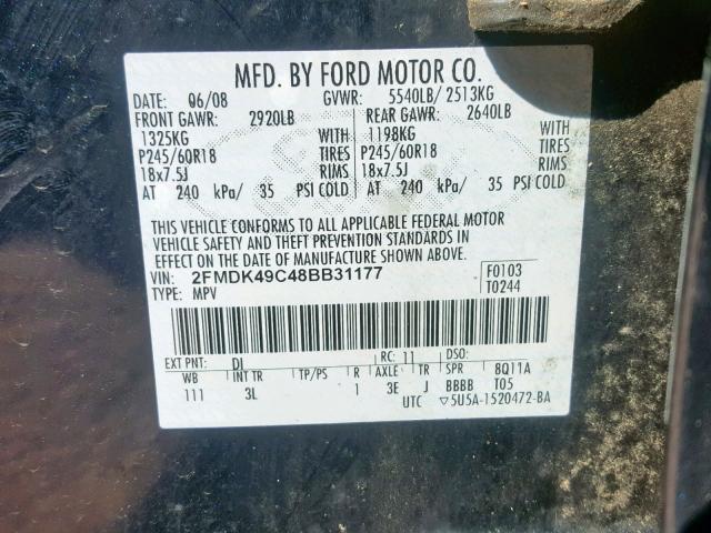 2FMDK49C48BB31177 - 2008 FORD EDGE LIMIT BLUE photo 10