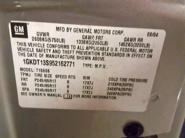 1GKDT13S952162771 - 2005 GMC ENVOY SILVER photo 10