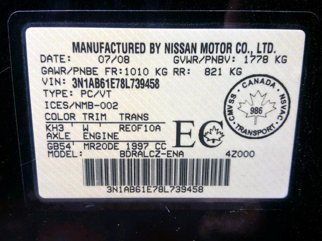 3N1AB61E78L739458 - 2008 NISSAN SENTRA 2.0 BLACK photo 10