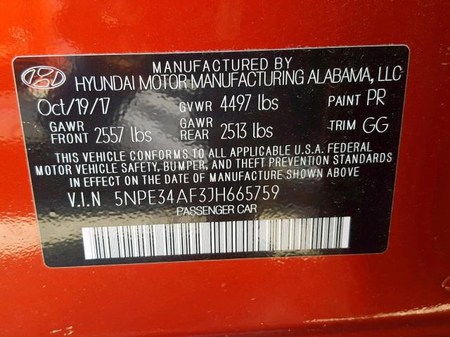 5NPE34AF3JH665759 - 2018 HYUNDAI SONATA SPO RED photo 10