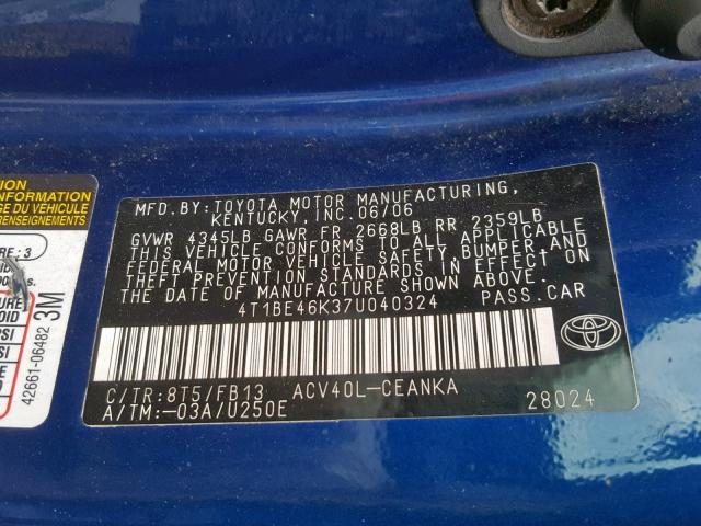 4T1BE46K37U040324 - 2007 TOYOTA CAMRY NEW BLUE photo 10