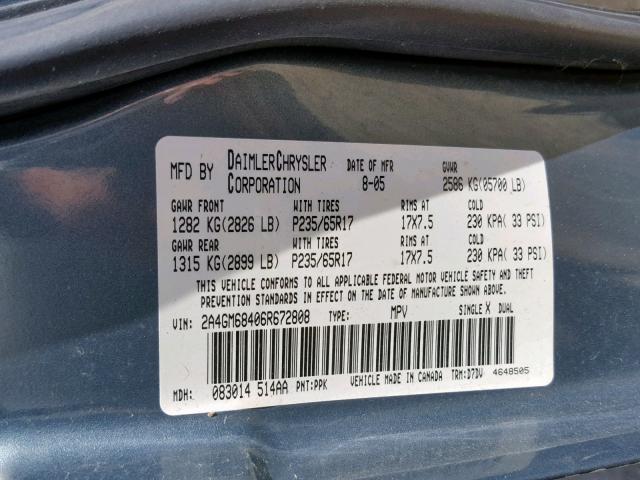 2A4GM68406R672808 - 2006 CHRYSLER PACIFICA T GRAY photo 10