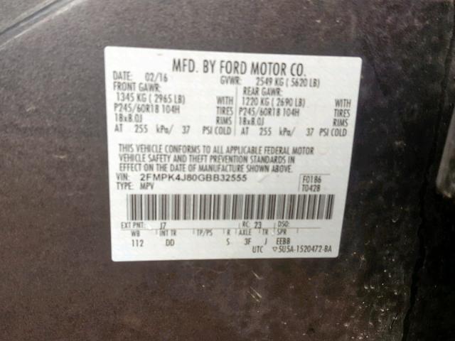 2FMPK4J80GBB32555 - 2016 FORD EDGE SEL CHARCOAL photo 10