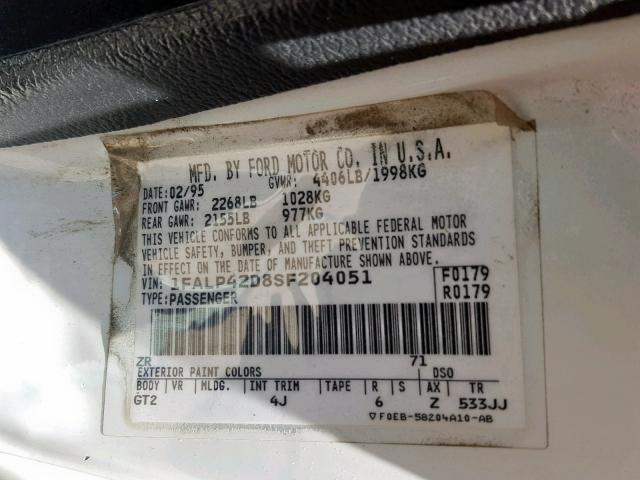 1FALP42D8SF204051 - 1995 FORD MUSTANG CO WHITE photo 10