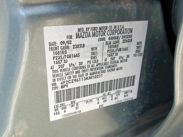 4F2CZ96113KM10211 - 2003 MAZDA TRIBUTE ES 绿色 照片 10