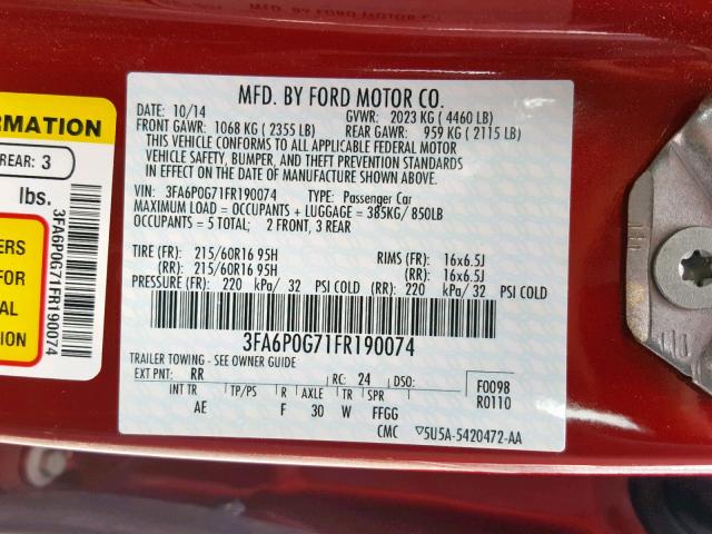 3FA6P0G71FR190074 - 2015 FORD FUSION S RED photo 10