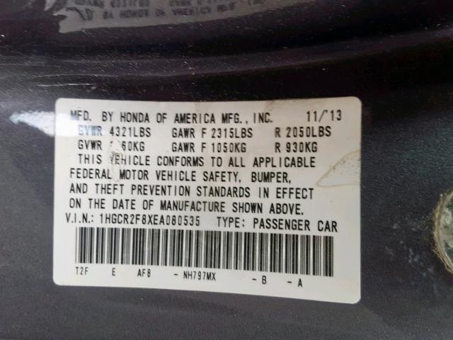 1HGCR2F8XEA080535 - 2014 HONDA ACCORD EXL SILVER photo 10