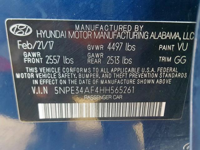 5NPE34AF4HH565261 - 2017 HYUNDAI SONATA SPO BLUE photo 10