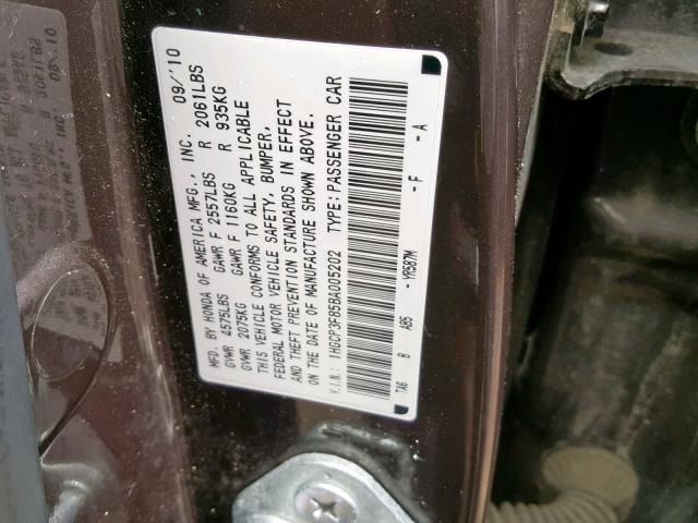 1HGCP3F85BA005202 - 2011 HONDA ACCORD EXL BROWN photo 10