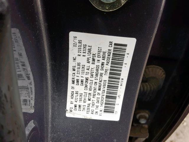 1HGCR2F87GA149636 - 2016 HONDA ACCORD EXL GRAY photo 10