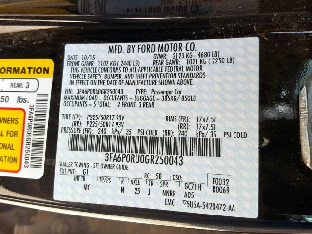 3FA6P0RU0GR250043 - 2016 FORD FUSION TIT BLACK photo 10