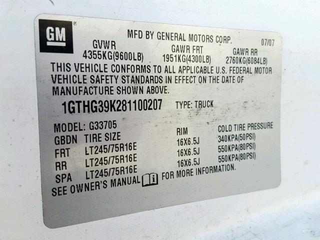 1GTHG39K281100207 - 2008 GMC SAVANA G35 WHITE photo 10