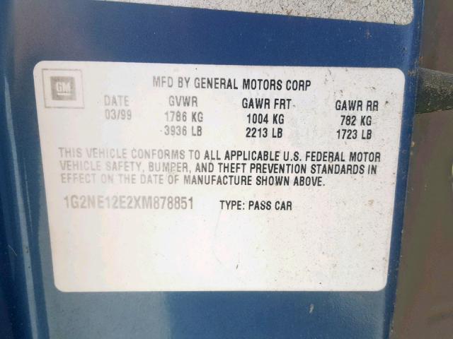 1G2NE12E2XM878851 - 1999 PONTIAC GRAND AM S BLUE photo 10