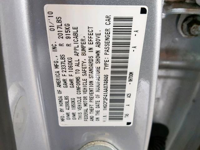 1HGCP2F41AA074846 - 2010 HONDA ACCORD LXP SILVER photo 10