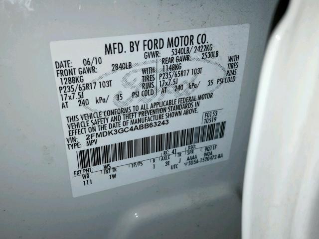 2FMDK3GC4ABB63243 - 2010 FORD EDGE SE WHITE photo 10