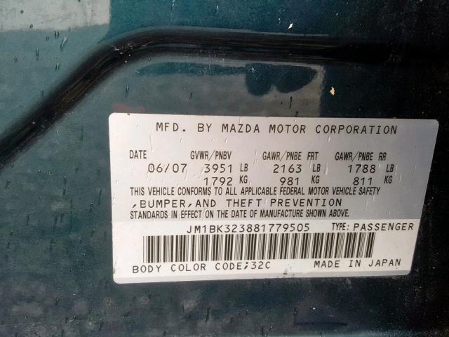 JM1BK323881779505 - 2008 MAZDA 3 S BLUE photo 10