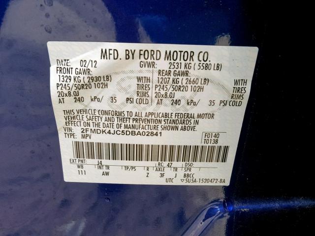 2FMDK4JC5DBA02841 - 2013 FORD EDGE SEL BLUE photo 10