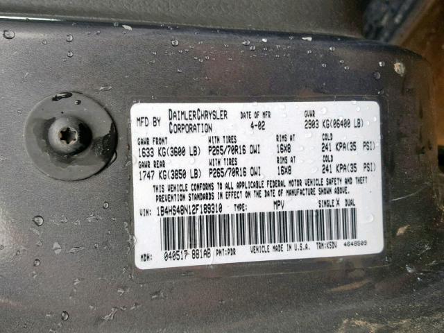 1B4HS48N12F189310 - 2002 DODGE DURANGO SL GRAY photo 10