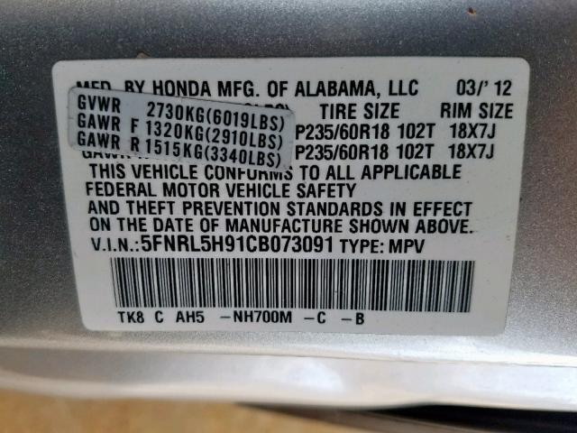 5FNRL5H91CB073091 - 2012 HONDA ODYSSEY TO SILVER photo 10