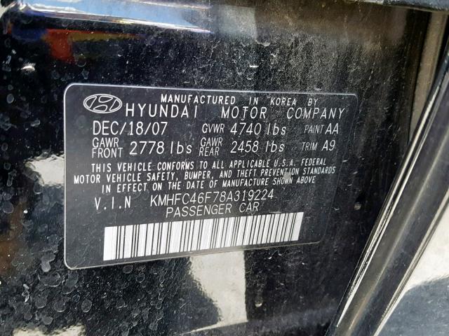 KMHFC46F78A319224 - 2008 HYUNDAI AZERA SE BLACK photo 10