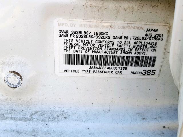 JA3AJ26E42U017359 - 2002 MITSUBISHI LANCER ES WHITE photo 10