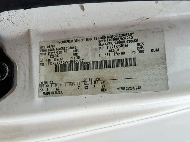 1FDXE47F0WHB50827 - 1998 FORD CUTAWAY E4 WHITE photo 10