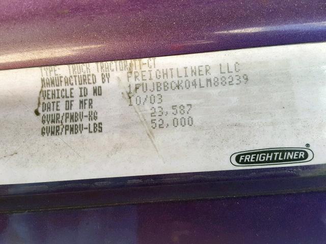 1FUJBBCK04LM88239 - 2004 FREIGHTLINER CONVENTION PURPLE photo 10
