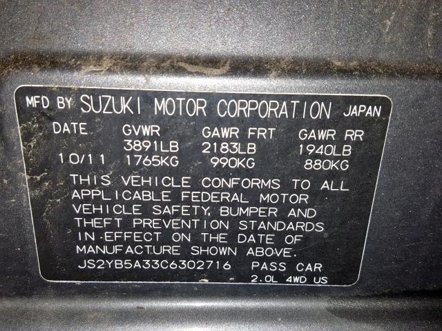 JS2YB5A33C6302716 - 2012 SUZUKI SX4 GRAY photo 10