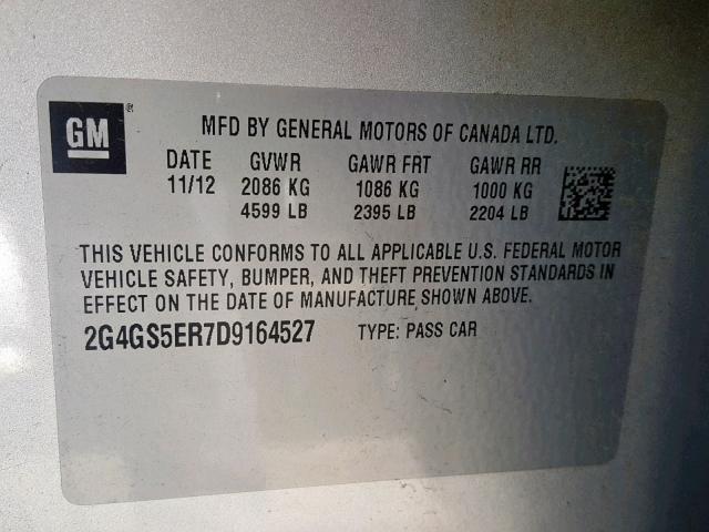 2G4GS5ER7D9164527 - 2013 BUICK REGAL PREM SILVER photo 10