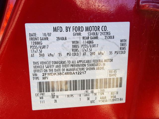 2FMDK38C48BA12217 - 2008 FORD EDGE SEL RED photo 10