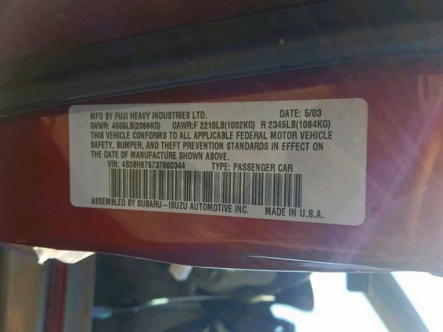 4S3BH675737660344 - 2003 SUBARU LEGACY OUT RED photo 10