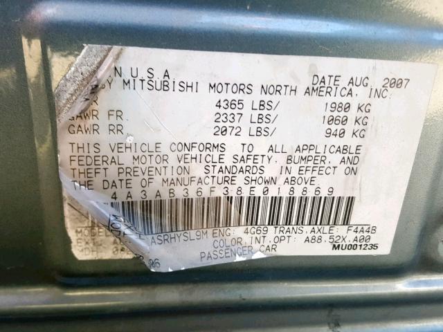 4A3AB36F38E018869 - 2008 MITSUBISHI GALANT ES GRAY photo 10