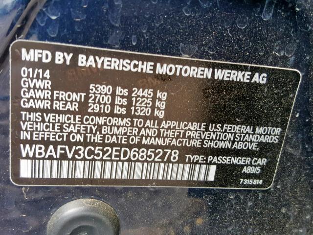 WBAFV3C52ED685278 - 2014 BMW 535 D BLUE photo 10