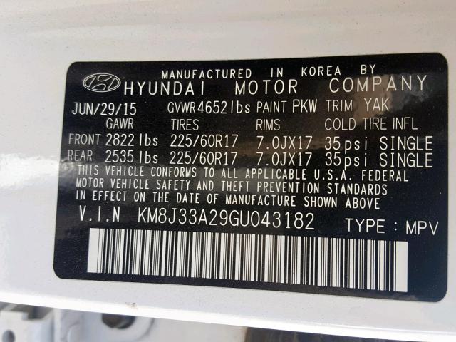 KM8J33A29GU043182 - 2016 HYUNDAI TUCSON LIM WHITE photo 10