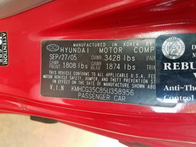 KMHCG35C85U358956 - 2005 HYUNDAI ACCENT GS RED photo 10