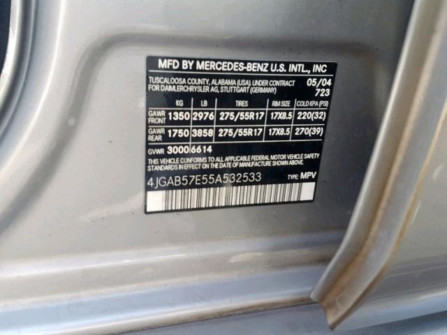 4JGAB57E55A532533 - 2005 MERCEDES-BENZ ML 350 SILVER photo 10