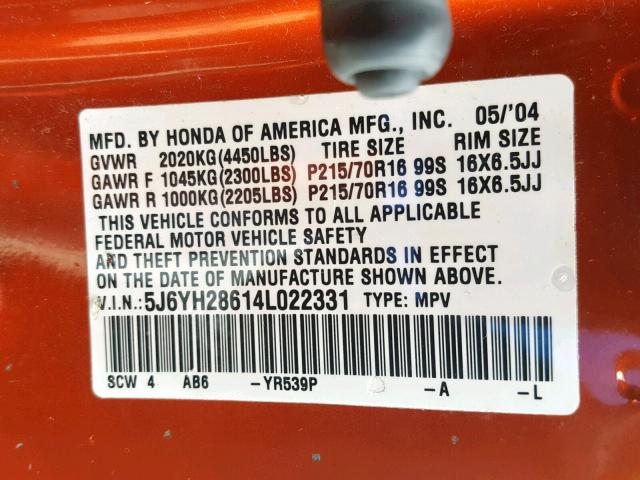 5J6YH28614L022331 - 2004 HONDA ELEMENT EX ORANGE photo 10