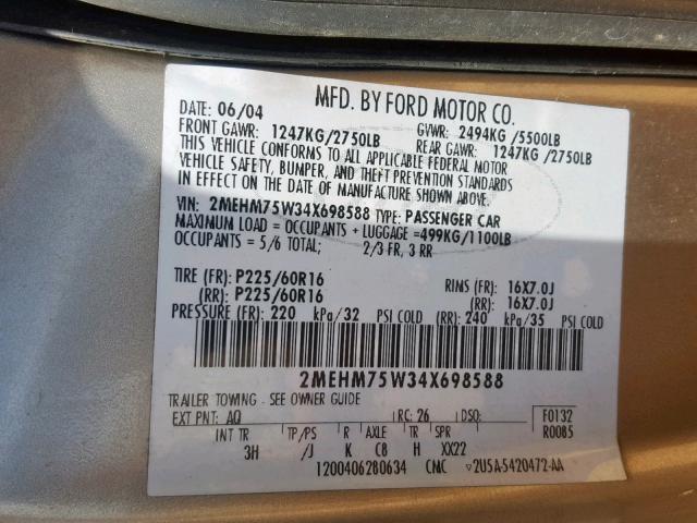 2MEHM75W34X698588 - 2004 MERCURY GRAND MARQ GOLD photo 10