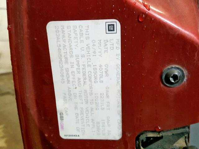 2G3AL54N5M2340845 - 1991 OLDSMOBILE CUTLASS CI MAROON photo 10