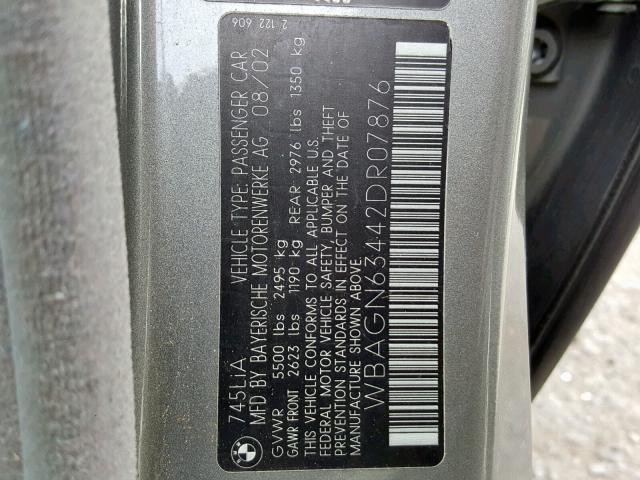 WBAGN63442DR07876 - 2002 BMW 745 LI GRAY photo 10