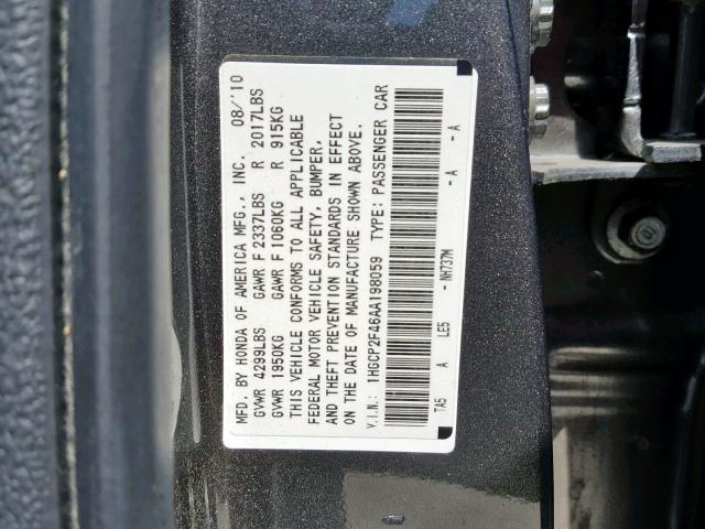 1HGCP2F46AA198059 - 2010 HONDA ACCORD LXP GRAY photo 10