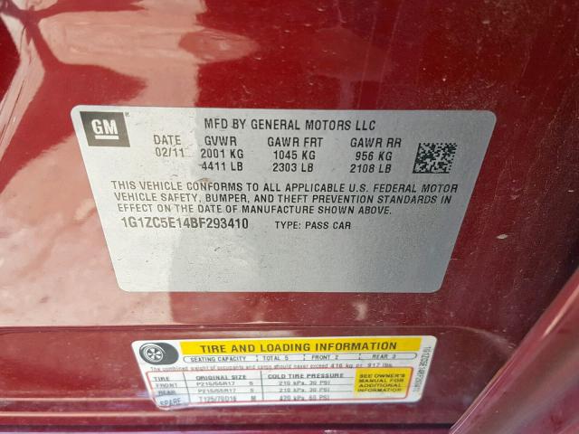 1G1ZC5E14BF293410 - 2011 CHEVROLET MALIBU 1LT BURGUNDY photo 10