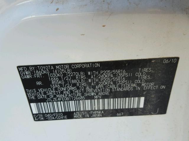 JTLZE4FE0B1126685 - 2011 TOYOTA SCION XB Ақ фото 10