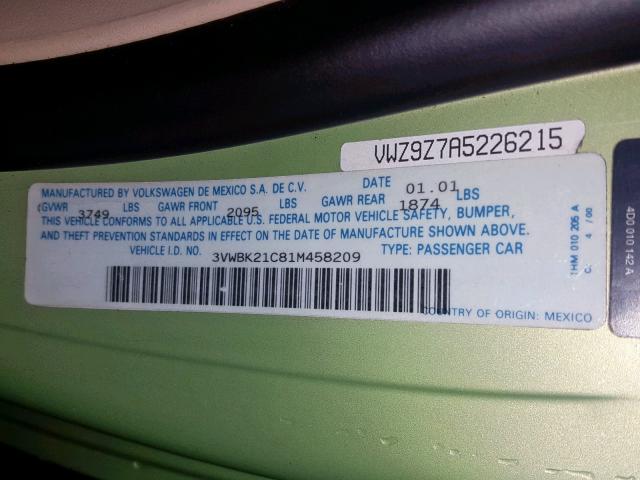 3VWBK21C81M458209 - 2001 VOLKSWAGEN NEW BEETLE Grün Foto 10