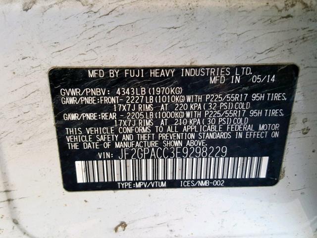 JF2GPACC3E9298229 - 2014 SUBARU XV CROSSTR WHITE photo 10