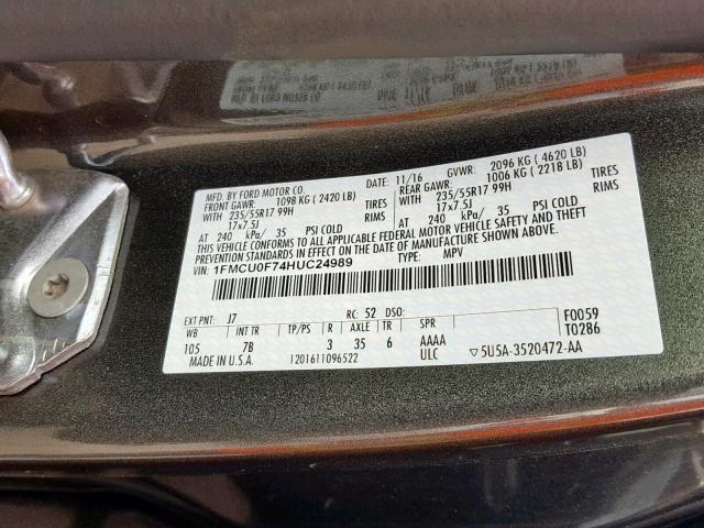 1FMCU0F74HUC24989 - 2017 FORD ESCAPE S GRAY photo 10