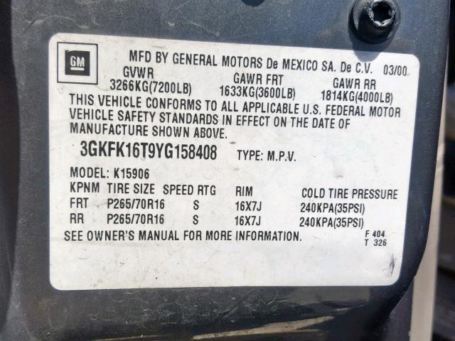 3GKFK16T9YG158408 - 2000 GMC YUKON XL K GRAY photo 10