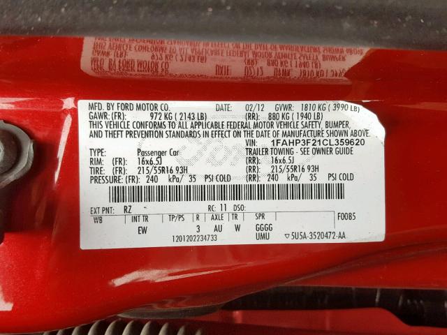 1FAHP3F21CL359620 - 2012 FORD FOCUS SE RED photo 10